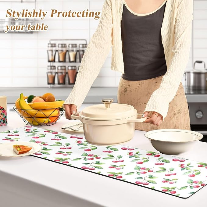 Watercolor Cherry Trivet Table Runner Heat Resistant 230F for Hot Dishes Pots Plates Kitchen Dining Table Protector Decorative 39.37 X 11.8 Inch