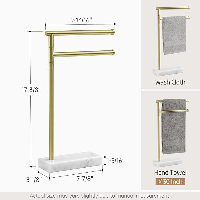 KES Gold Hand Towel Holder Stand for Bathroom, Countertop Towel Stand with Weighted Marble Base, 17.3" Standing Swivel Towel Rack Adjustable 2 Arms, 18/8 Stainless Steel, Brushed Gold, BTH233A-BZ