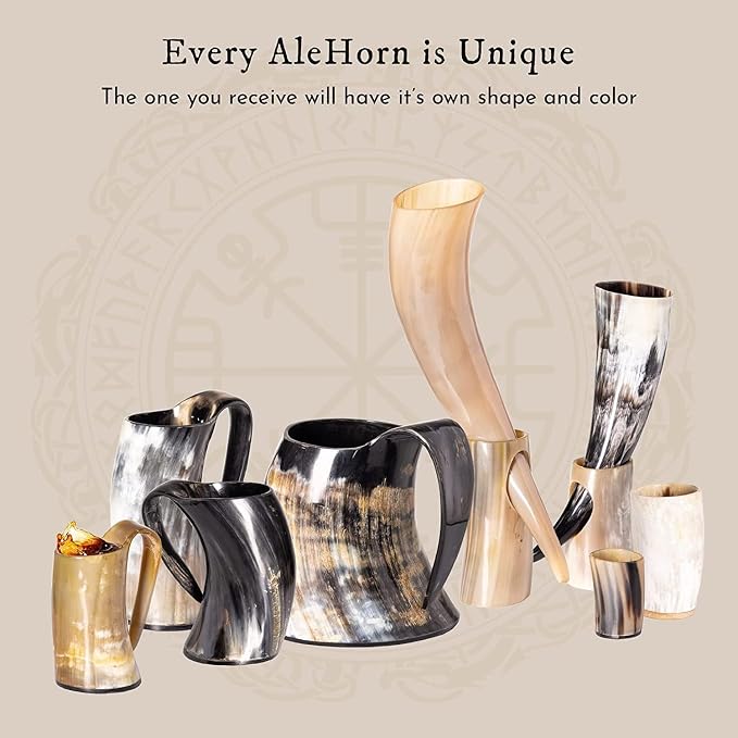 AleHorn Viking Drinking Horn Mug – Real Ox Horn Mead and Ale Cup – Handcrafted Medieval Style Norse Cup for Beer, Parties, Home Bar Decor & Holiday Gifts for Men – 12oz