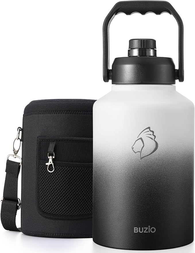 BUZIO 1 Gallon Water Jug Insulated, Stainless Steel Bottle With Large Handle & Spout Lid, 3.58" Big Wide Mouth BPA-Free Leakproof Metal Water Flask For Camping, Adventure, Sports, White & Black