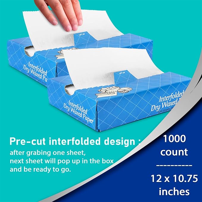 Fit Meal Prep 1000 Sheets 12 x 10.75” Dry Wax Paper Sheets for Food, Greaseproof Sandwich Wrapping, Interfolded Deli Wax Paper for Fries, Burgers, Food Basket, Made in USA
