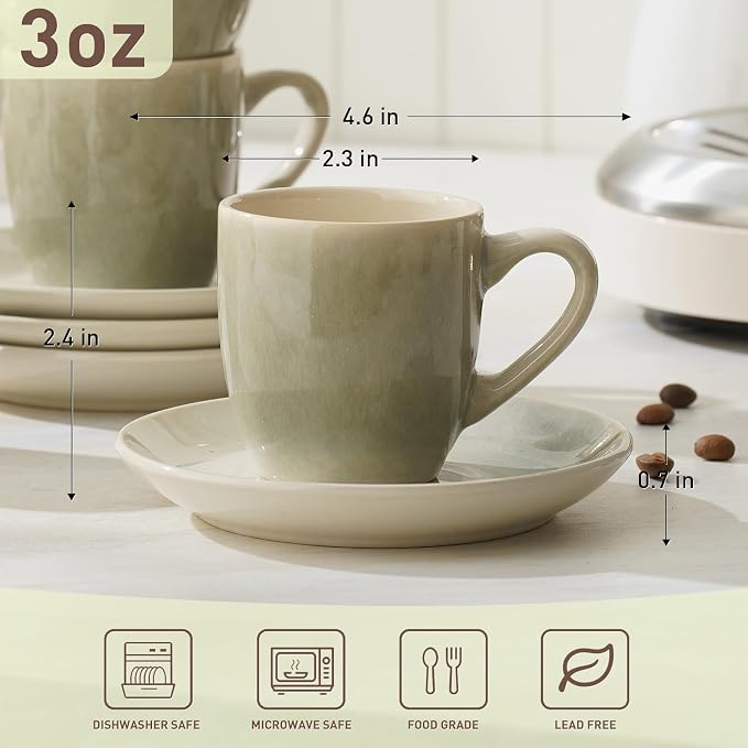 famiware Glacier Espresso Cups with Saucers Set of 4, 3oz Espresso Cup Set, Coffee Mug Set for Latte, Macchiato, Stoneware Demitasse Cups Set for Cafe, Microwave&Dishwasher Safe, Sage Green
