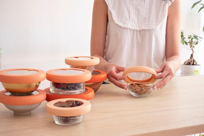 Food Huggers Replacement Lids for Glass Storage Containers | Silicone & Glass Lids that Don’t Crack | Fits Most Round Container Brands & Bowls | 100% Plastic Free | 3 Lid Set (XS,S,M), Terracotta