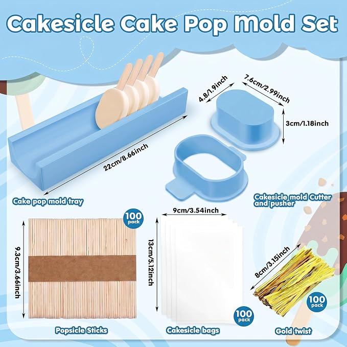 3 Inch Cakesicle Cutter and Cake Pop Mold Set with 8.7in Tray, 100 Wooden Sticks & 100 Bags, Silicone Cakesicle Mold for Homemade Cake Pops, Baking, Birthdays and Party Desserts (Sky Blue)
