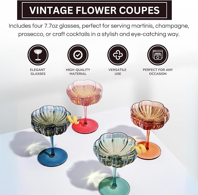 Khen Flower Modern Wavy Glass Coupes Martini, Champagne & Cocktail Coupes - Set of 4-7.7 oz Colorful Cocktail Glasses for Champagne, Prosecco, Mimosa - Copyright Design - Muted Pastel Colors