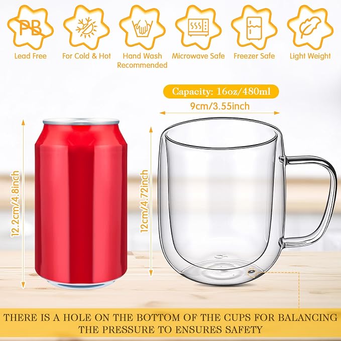 Patelai Glass Coffee Mugs Set of 6, 16 oz Clear Double Walled Coffee Cups Glasses Insulated Latte Mugs with Handle Espresso Clear Cups for Hot and Cold Beverages