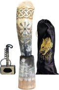 FENRIR Viking Drinking Horn With Stand & Thor Bottle Opener | Norse Medieval Authentic Ox Horn for Ale, Mead, Whiskey | Unique Gifts for Men & Women | 16-20 oz Odin & Vegvisir