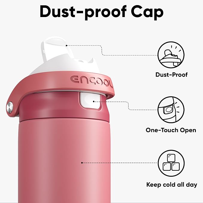 ENCOOL Leakproof Insulated Water Bottle with Straw Dual-Sip Water Bottle Bag-Safe Design for Work, Commute & Gym – Keeps Drinks Cold All Day, 24 oz, Vermilion