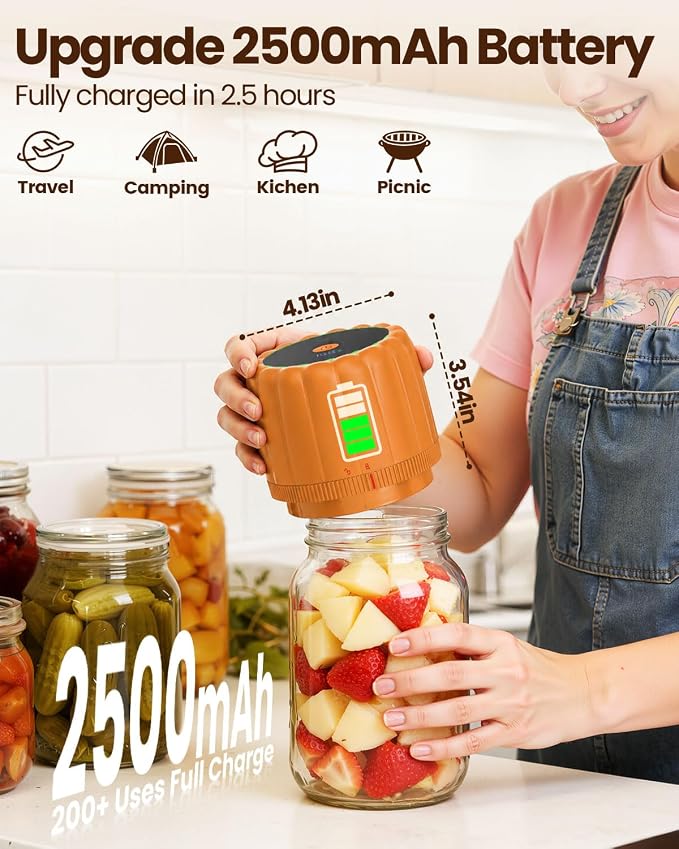2026 Upgraded Electric Mason Jar Vacuum Sealer Kit with Wide and Regular Mouth Mason Lids -80kpa Automatic Vacuum Pump 2500mAh Battery One Touch Canning Sealing Machine for Food Storage Orange
