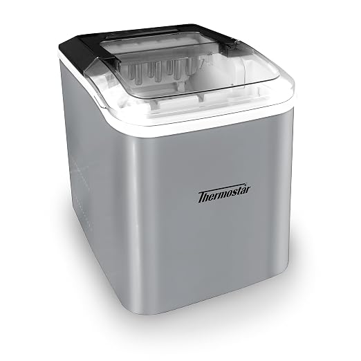 Nostalgia Thermostar Automatic Self-Cleaning Portable Electric Countertop Ice Maker Machine, 26 Pounds in 24 Hours, 9 Ice Cubes Ready in 7 Minutes, with Ice Scoop and Basket, Silver