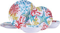 Melamine Dinnerware Set for 4 – 12-Piece Starfish Coral Design Plates and Bowls, Ocean Dishes set, Unbreakable Dinner Set for Indoor Outdoor Use, Dishwasher Safe, Coastal Beach Theme Tableware