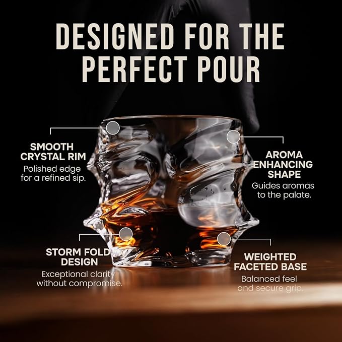 TSUKIGLASS® Storm Japanese Crystal Whiskey Glasses Set of 2 – Old Fashioned Rocks Tumblers, 10oz Lead-Free Crystal, Gift Ready Box for Bourbon, Father's Day Present for Men, Scotch & Cocktails