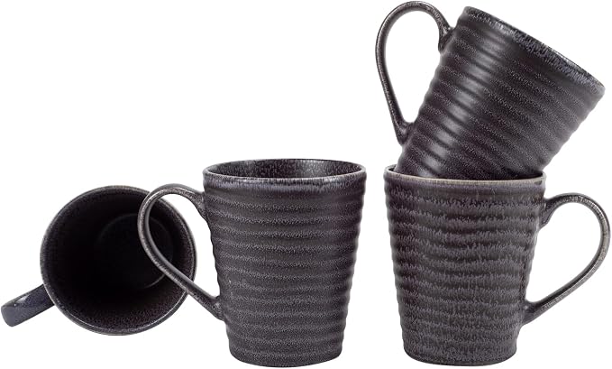 Elanze Designs Sophisticated Modern Chic Ribbed Ceramic Stoneware Dinnerware Mugs Cups Set of 4 - Charcoal Grey