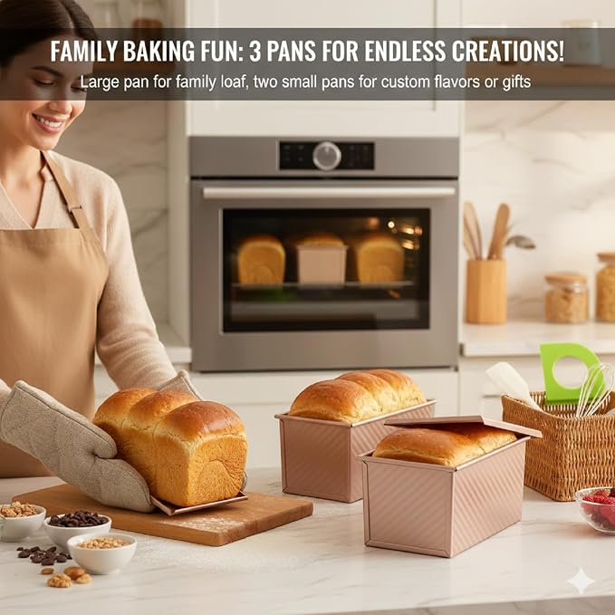 Bread Pan with Lids, 1Lb Dough Capacity, Non-Stick Carbon Steel Pullman Loaf Pan for Baking, Professional Toast Box Mold- Gold