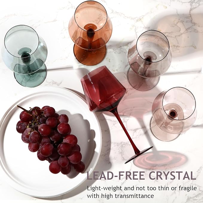 Colored Wine Glasses Set of 6, Large 16oz Hand Blown Crystal Wine Glassware, Stemmed Colorful Wine Glasses - Red & White, Modern & Elegant for Friends,Family,Wedding,Anniversary,Christmas,Birthday