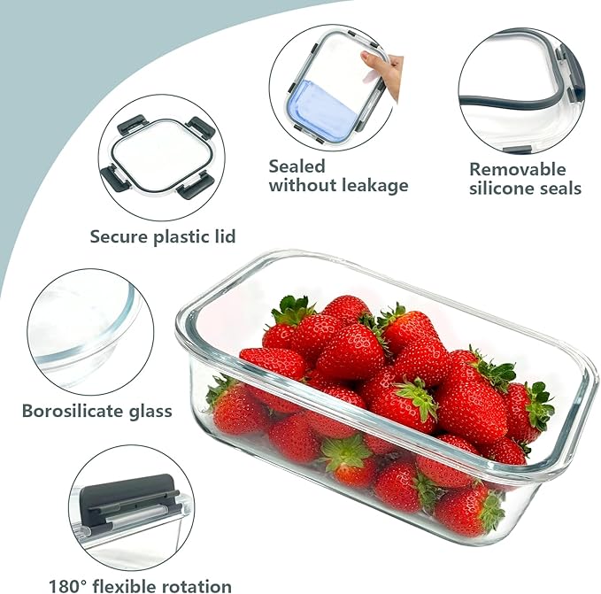 12 Pack Glass Food Storage Container Set with Lids Non Toxic, Stackable Borosilicate Glass Meal Prep Containers, Microwave, Oven, Freezer and Dishwasher Safe (Gray)