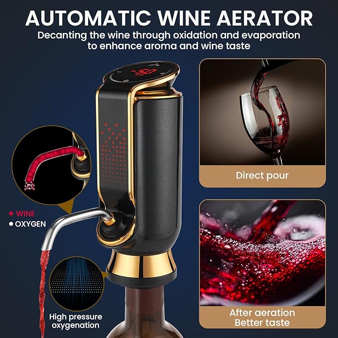 BLUBYEES Luxurious 4-in-1 Electric Wine Aerator, Decanter, Dispenser & Vacuum Saver with LED Display - Wine Pourer Gift for Women and Wine Lovers