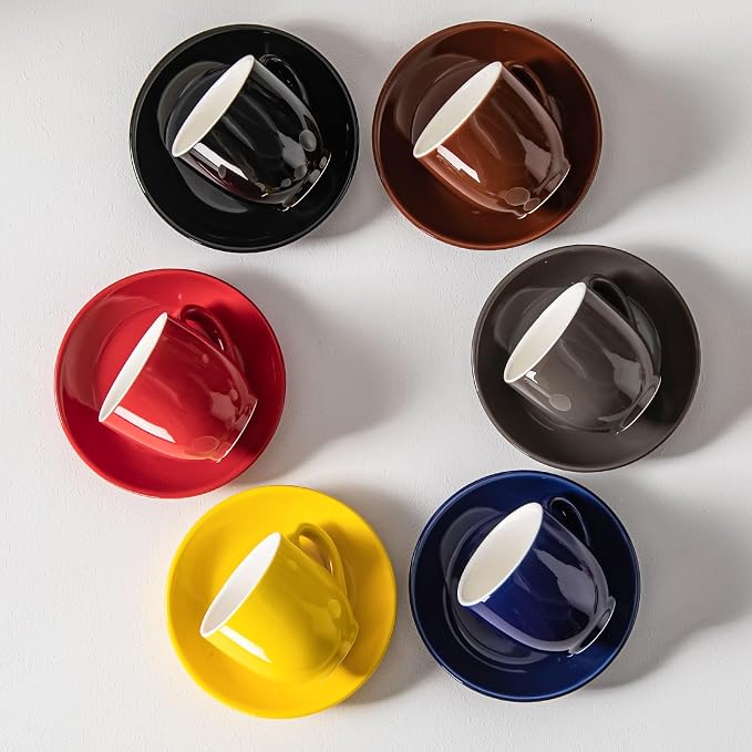 5oz Espresso Cups with Saucers Set, Colorful Coffee Cups Set, Ceramics Tea Cup with Handle, Coffee Mugs Set of 6, Assorted Colors