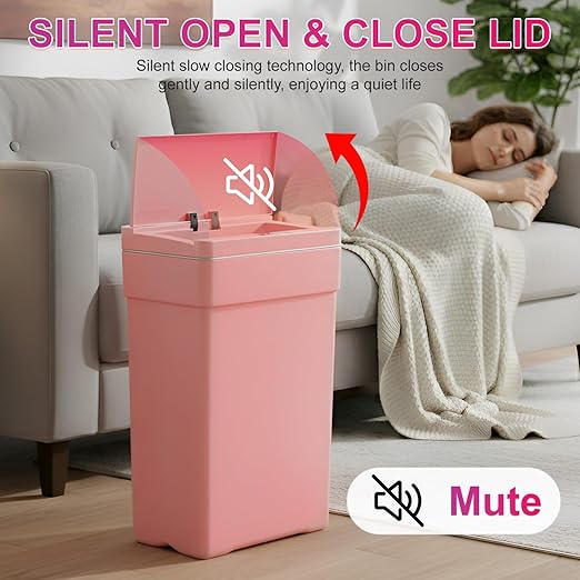 PayLessHere 13 Gallon 50 L Trash Can with Lid Plastic Kitchen Trash Bin Automatic Touch Free Motion Sensor Trash Can (4, Pink)
