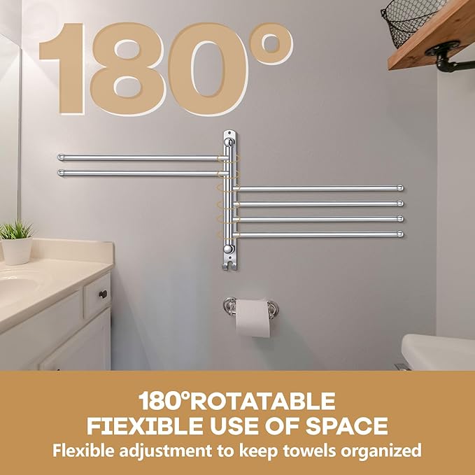 Teenyyou Swivel Towel Rack 16.5 Inches 304 Stainless Steel 6 Arms Bathroom Towel Rack Hanger Pool Holder Wall Mounted Swivel Bar Space Saving with Hook, Sliver