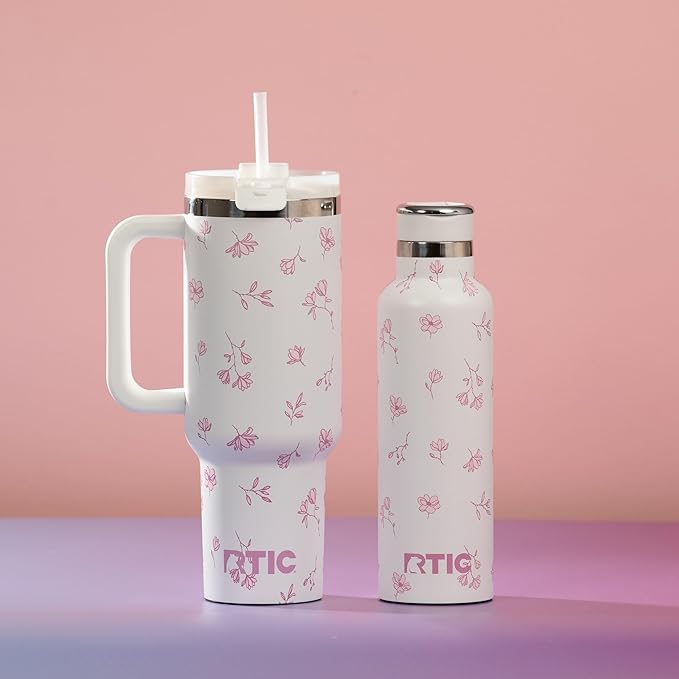 RTIC 40 oz Road Trip Tumbler Double-Walled Cermaic Lined Insulated Stainless Steel Portable Travel Coffee Mug Cup with Lid, Handle and Straw, Pink Magnolias