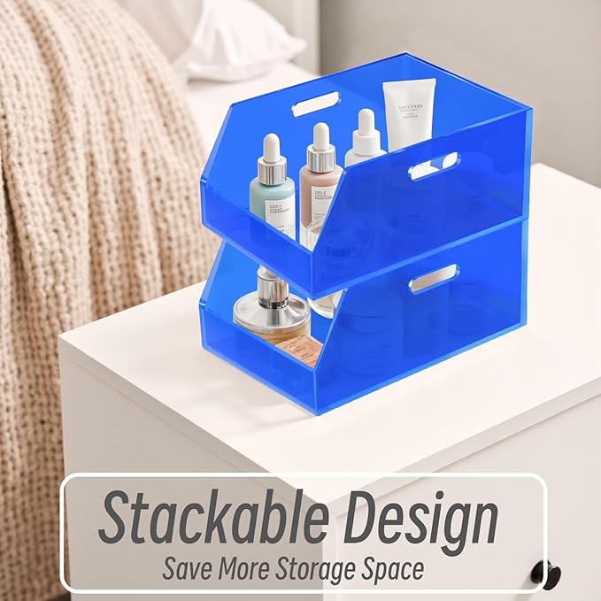 Gelite Stackable Storage Bins Open Front Organizer Bins with Handles Acrylic Storage Container for Pantry Kitchen Cabinet Bathroom Closet Office Organization, 11.4x7.5x5.1'', Navy Blue