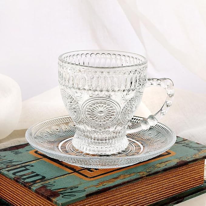 Kingrol 6-Piece Embossed Glass Mug Set with Saucers, 7 oz Vintage Tea Cups with Handle, Clear Glass Coffee Mugs for Latte, Cappuccino, Espresso, Hot or Iced Drinks