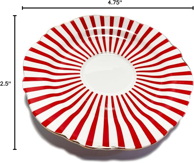 Mazeology Espresso Cups Movie Star Bone China Fluted Red & White Stripe 2 Sets Cups and Saucers with Gold Accents