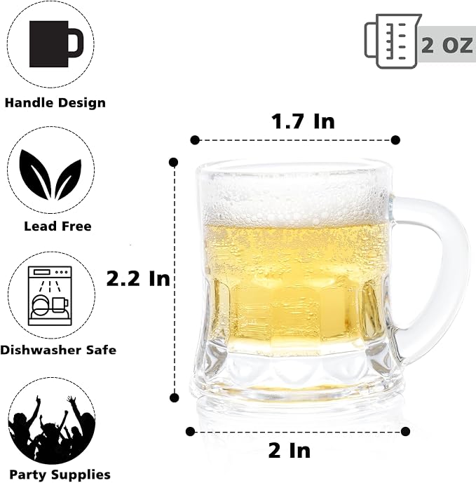 24 Pack Mini Beer Mug Shot Glasses, 2 Oz Glass Mini Beer Shot Glasses with Handles, Clear Beer Stein Tasting Cups for Whiskey, Tequila, Vodka Flight, Party Favors and Gifts