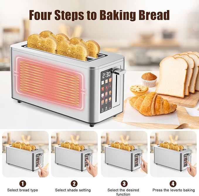 2026 Upgraded TAZTIR Touch Screen Toaster 4 Slice, Premium Stainless Steel Digital Bread Toaster with Timer, 1.5'' Wide Slot, 6 Shade Settings & 6 Bread Types, Bagel Defrost Reheat Cancel Functions