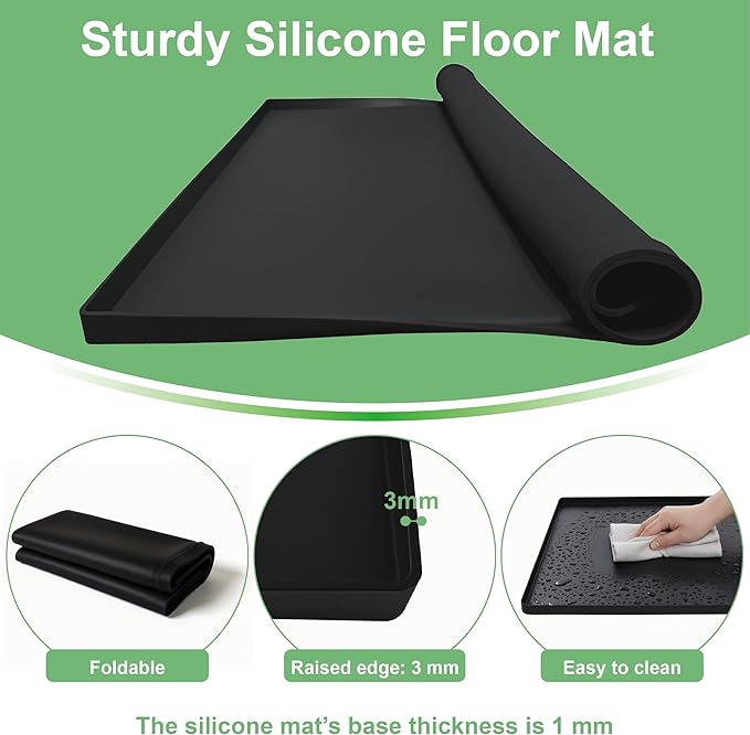 27x27 Inch Silicone Washing Machine Drain Pan – Fits Compact Washers up to 3.5 cu. ft., Waterproof Leak Protection Mat, Anti-Vibration Floor Protector, Black