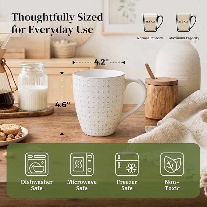 DOWAN Coffee Mugs Set of 6, 19 oz Large Mug, Ceramic Embossment Stoneware Tea Cups with Handle for Men Women, Handcrafted Mug Gift Set, Housewarming Wedding Gift