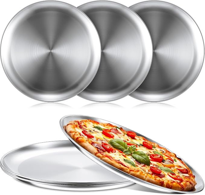 Thenshop 6 Pieces 12 Inch Pizza Pans Bulk Stainless Steel Sets Round Bakeware Pizza Trays for Oven Kitchen Baking Home Restaurant Safe Sturdy Reusable Easy Clean (Silver)