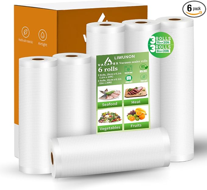 Vacuum Sealer Bags Rolls 6 Pack, 3 Rolls 11" x 20' &3 Rolls 8" x 20', BPA-Free Commercial Grade Food Storage Rolls, Compatible with Most Vacuum Sealer Machines for Meal Prep, Freezer Storage&Sous Vide