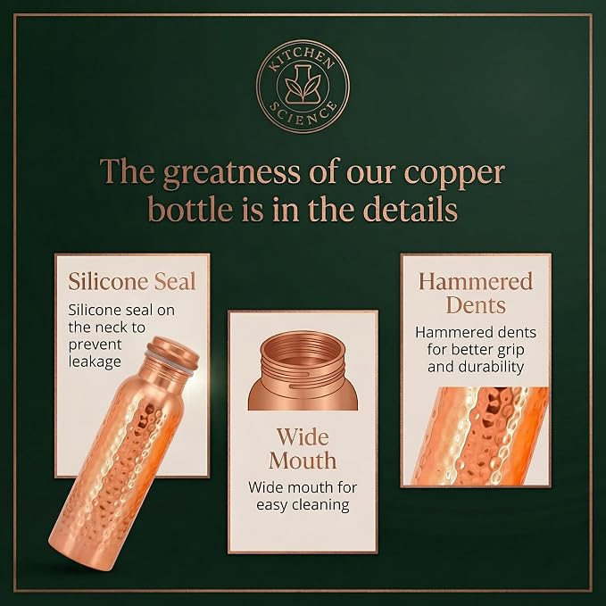 Kitchen Science -Authentic 34oz/1000ml Copper Water Bottle with Tumbler and Leather Sleeves – Leak-Proof, Lab-Tested