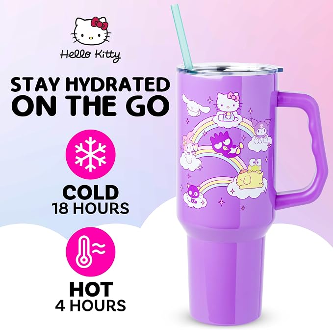 Silver Buffalo Sanrio Hello Kitty and Friends Featuring My Melody, Cinnamoroll, Kuromi, Chococat, Badtz-Maru, Keroppi, and Pompompurin Double Walled Stainless Steel Tumbler with Handle, 40 Ounces