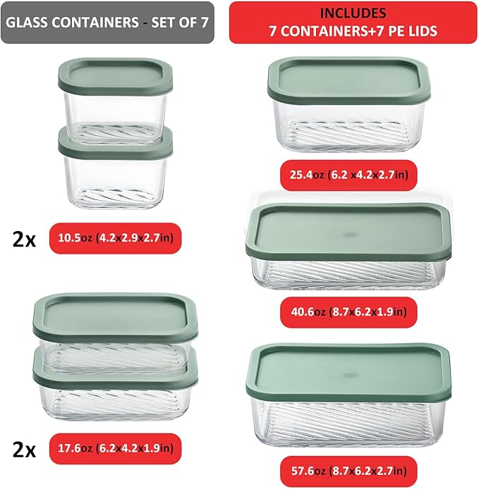 EATEX 7 Pack Glass Meal Prep Containers with Grooved Base, 7 Stackable BPA Free Glass Storage Containers with Lids for Lunch, Pantry, and Kitchen - Microwave, Dishwasher Freezer & Oven Safe - Sage
