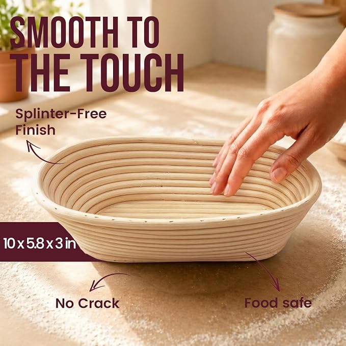 DOYOLLA Bread Proofing Basket Set, Sourdough Starter Kit, Banneton Bread Making Tools with Silicone Bread Sling, Sourdough Bread Making Suppies, Baking Gifts, (Oval,10 inch) | Handmade Rattan