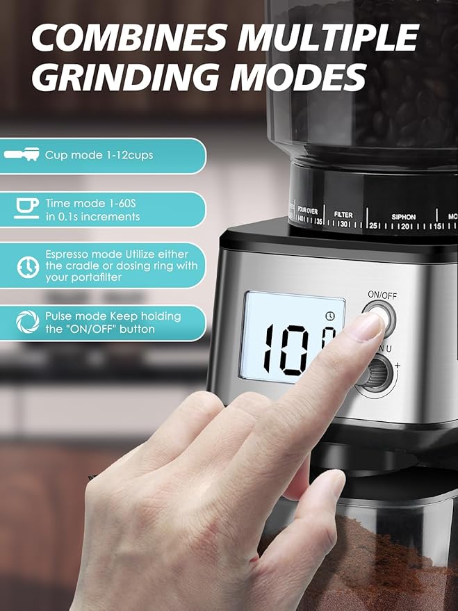 Homtone Conical Burr Espresso Coffee Grinder – 51mm Stepless Electric Bean Grinder with Grind Settings, Precision Timer, Stainless Steel Mill with Portafilter Holders, Anti-Static for Drip/Moka