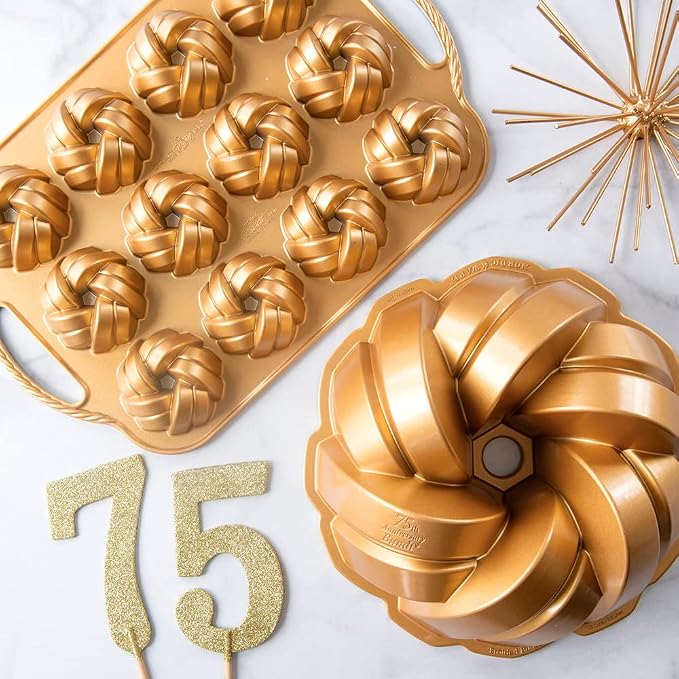 Nordic Ware NW 95577 75th Anniversary Braided Rope Bundt Cake Pan, Gold 12 Cup Capacity (Pack of 3)