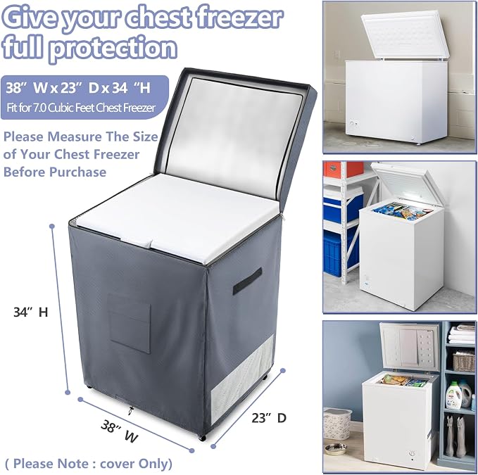 Deep Freezer Covers for Outside,Heavy Duty 600D Durable Chest Freezer Cover Waterproof,Outdoor Freezer Covers for Outside 7.0 Cubic Feet Chest Freezer,Top with Zipper to Open(38"W x 23"D x 34"H,Grey)