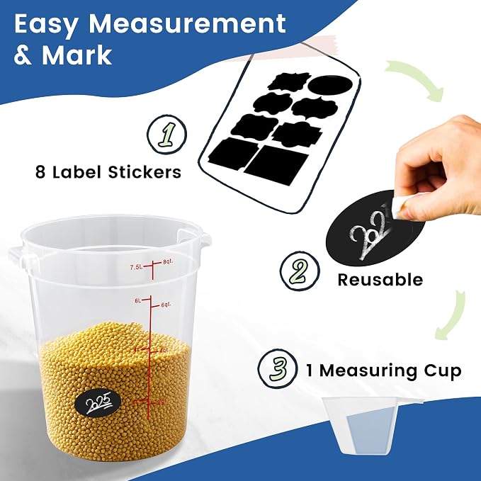 4 Pack 8QT Round Food Storage Containers with Lids | NSF, BPA-free PP containers with scale, label and measuring cup, stackable for prep, storage, freezer. Dishwasher safe