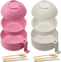 2 Sets Microwave Ramen Bowl 40 oz Wheat Fiber Portable Instant Noodle Cooker Bowl with Handles Strainer Spoon Chopstick Fork College Dorm Room Apartment Essentials(Beige, Pink)