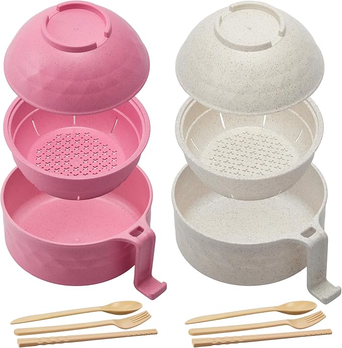 2 Sets Microwave Ramen Bowl 40 oz Wheat Fiber Portable Instant Noodle Cooker Bowl with Handles Strainer Spoon Chopstick Fork College Dorm Room Apartment Essentials(Beige, Pink)
