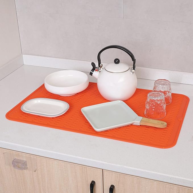 MicoYang Silicone Dish Drying Mat for Multiple Usage,Easy clean,Eco-friendly,Heat-resistant Silicone Mat for Kitchen Counter or Sink,Refrigerator or Drawer Liner Orange 3XL 28 inches x 18 inches