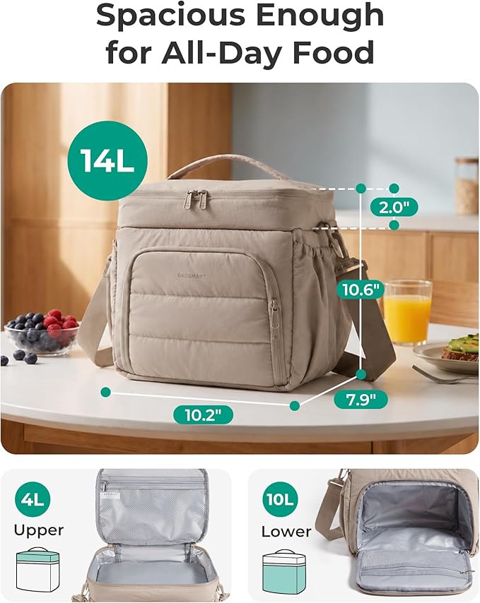 BAGSMART Puffy Insulated Lunch Bag, Lightweight Large 14L Double Deck Lunch Box for Women, Soft Cooler Tote for Office Work Travel Camping with Stretch Side Pockets Fits 40 oz Bottle, Dark Pink