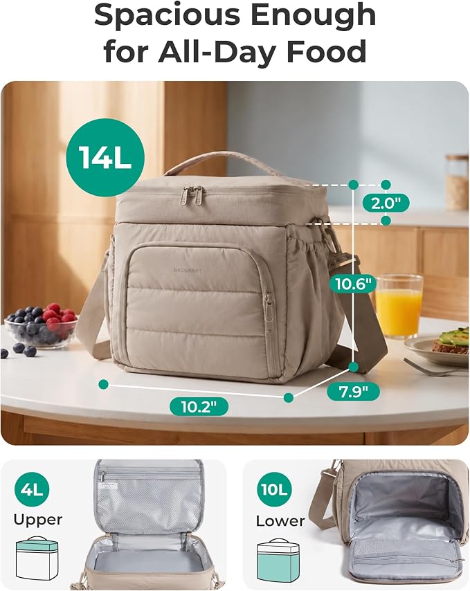 BAGSMART Puffy Insulated Lunch Bag, Lightweight Large 14L Double Deck Lunch Box for Women, Soft Cooler Tote for Office Work Travel Camping with Stretch Side Pockets Fits 40 oz Bottle, Coffee Brown