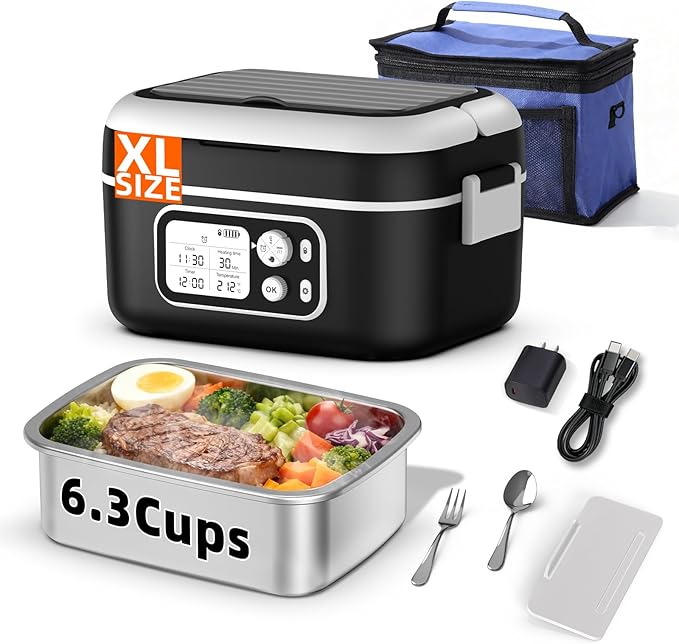 Cordless Electric Heated Lunch Box for Adults, XL 6.3-Cups Rechargeable Battery Powered Smart Self Heating Lunchbox for Men Women, 100W Food Warmer for Trucks Driver Travel Office Worker