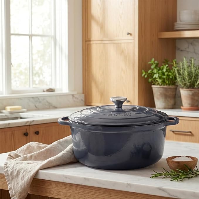 Zulay Kitchen 6.4QT Enameled Cast Iron Dutch Oven Pot with Lid, Heavy-Duty Soup Pot for Stews, Braising, Roasting & Sourdough Bread Baking, Oven Safe up to 500°F – Gray