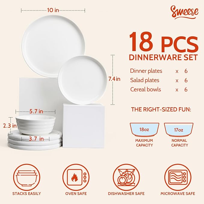 Sweese Plates and Bowls Sets,18 Pieces Modern Porcelain Dinnerware Set for 6 Handcrafted Uniqe Dinner Set Ceramic Dishware Dishes Microwave and Dishwasher Safe, White